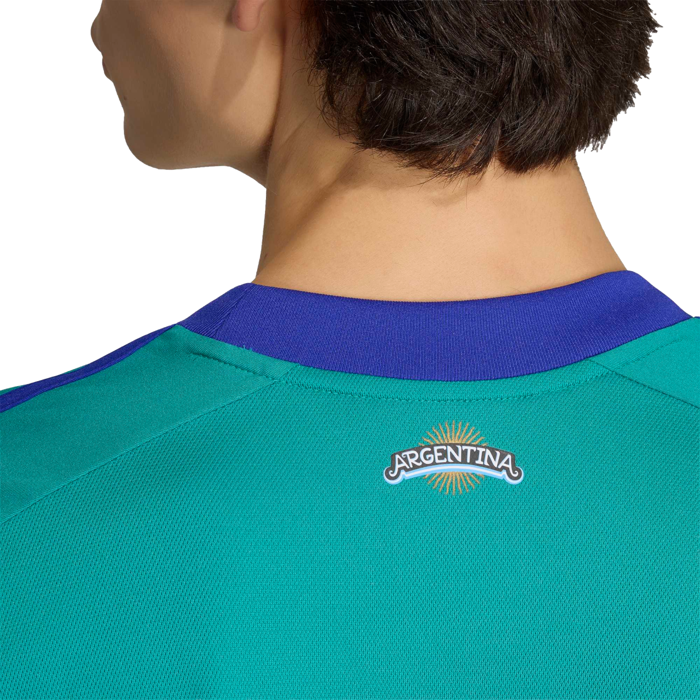 Close-up of the back of a person wearing a teal jersey with a blue collar. A logo on the upper back features the word "ARGENTINA" with a sun emblem.