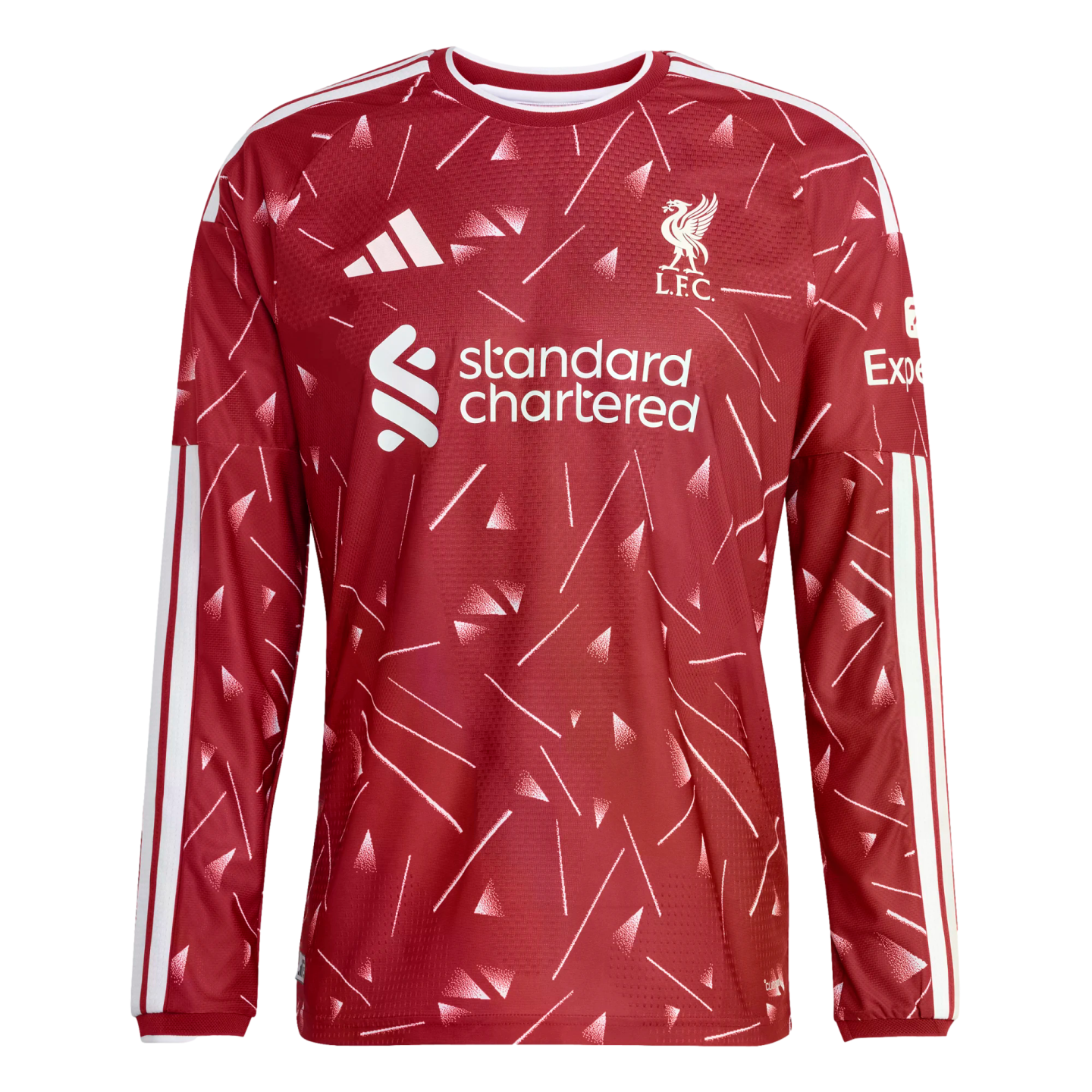 Long-sleeved red Liverpool F.C. jersey by Adidas featuring a white abstract geometric pattern, club crest, and Standard Chartered sponsor logo.