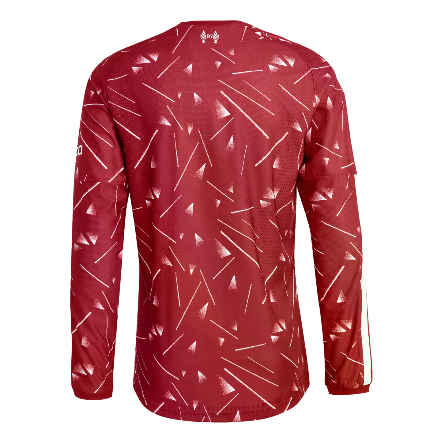 Back view of a maroon long-sleeved sports jersey with an abstract white geometric pattern of lines and triangles. A small white emblem is at the back neck.
