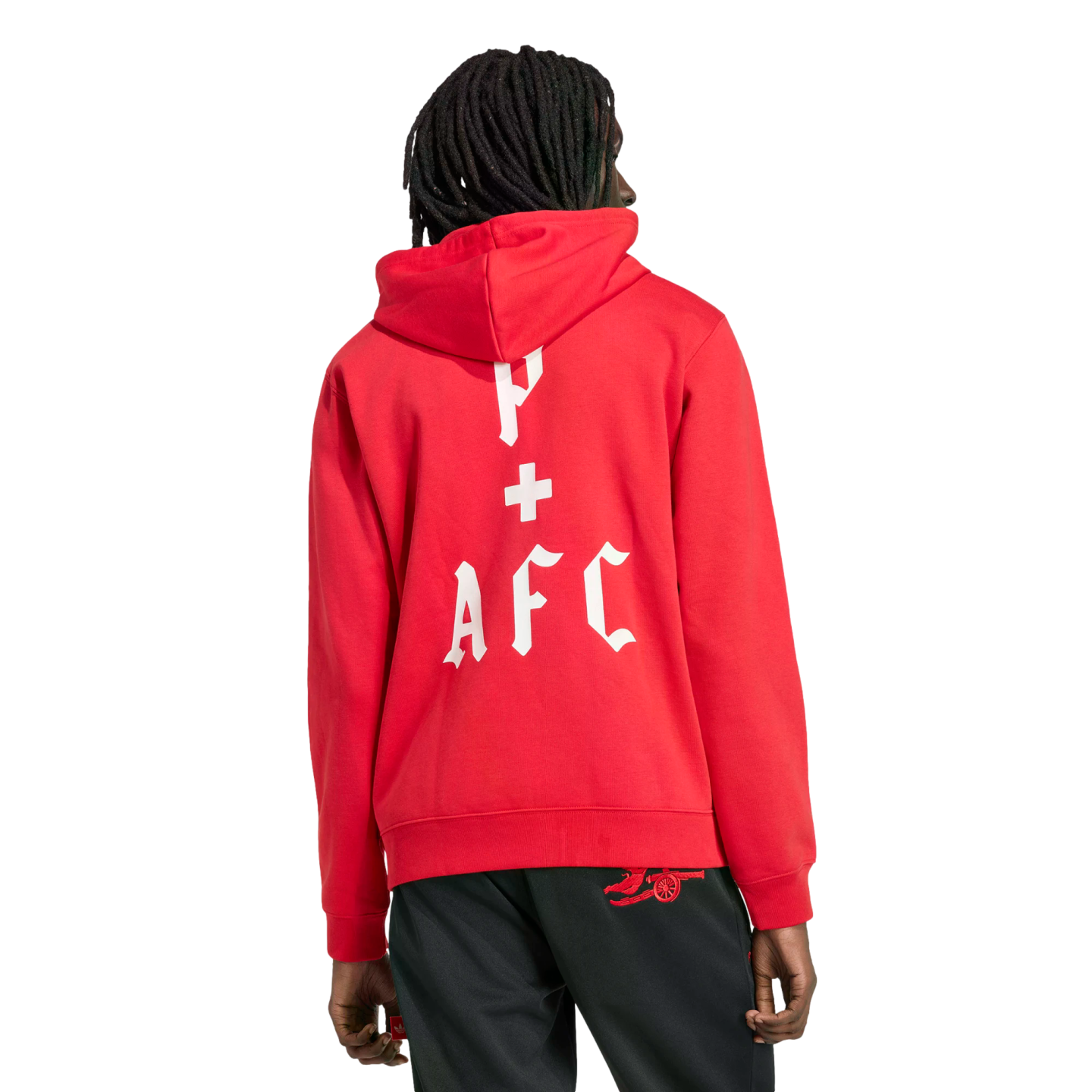 Back view of a person wearing a red hoodie with white Gothic text reading 'P + AFC' and black pants featuring a red Arsenal cannon logo, set against a black background.