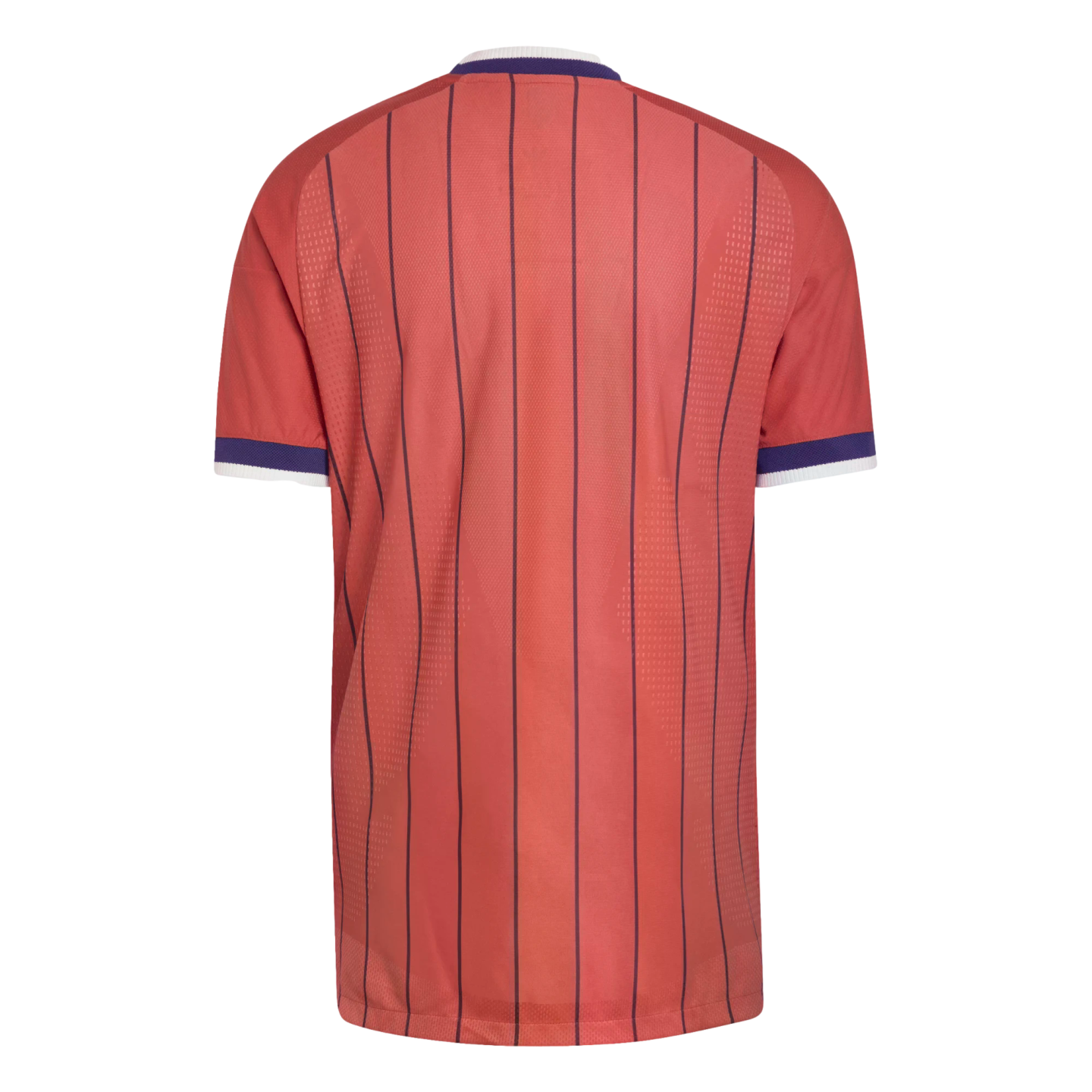 Back view of a red short-sleeved jersey featuring thin vertical navy blue stripes and navy and white trim on the collar and sleeve cuffs.