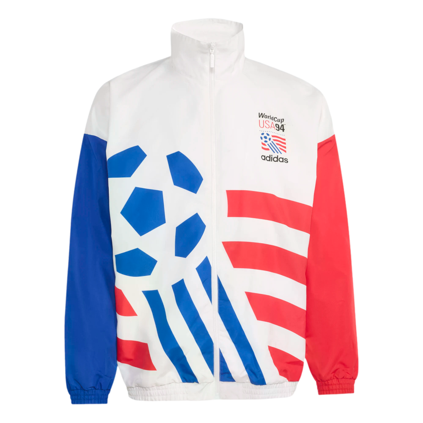 A white Adidas zip-up windbreaker jacket featuring the 1994 World Cup USA logo on the chest. The jacket has a solid blue right sleeve, a solid red left sleeve, and a large graphic design on the front with a blue soccer ball pattern and red horizontal stripes.