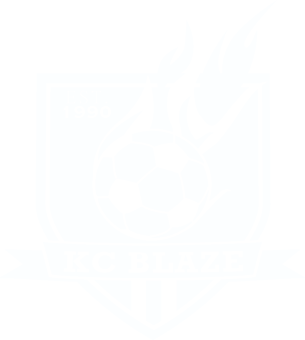 A white, shield-shaped logo on a transparent background, featuring a soccer ball with flames rising from the top. The year "1990" is visible in the upper left corner, and the text "KC BLAZE" is displayed on a banner across the bottom.