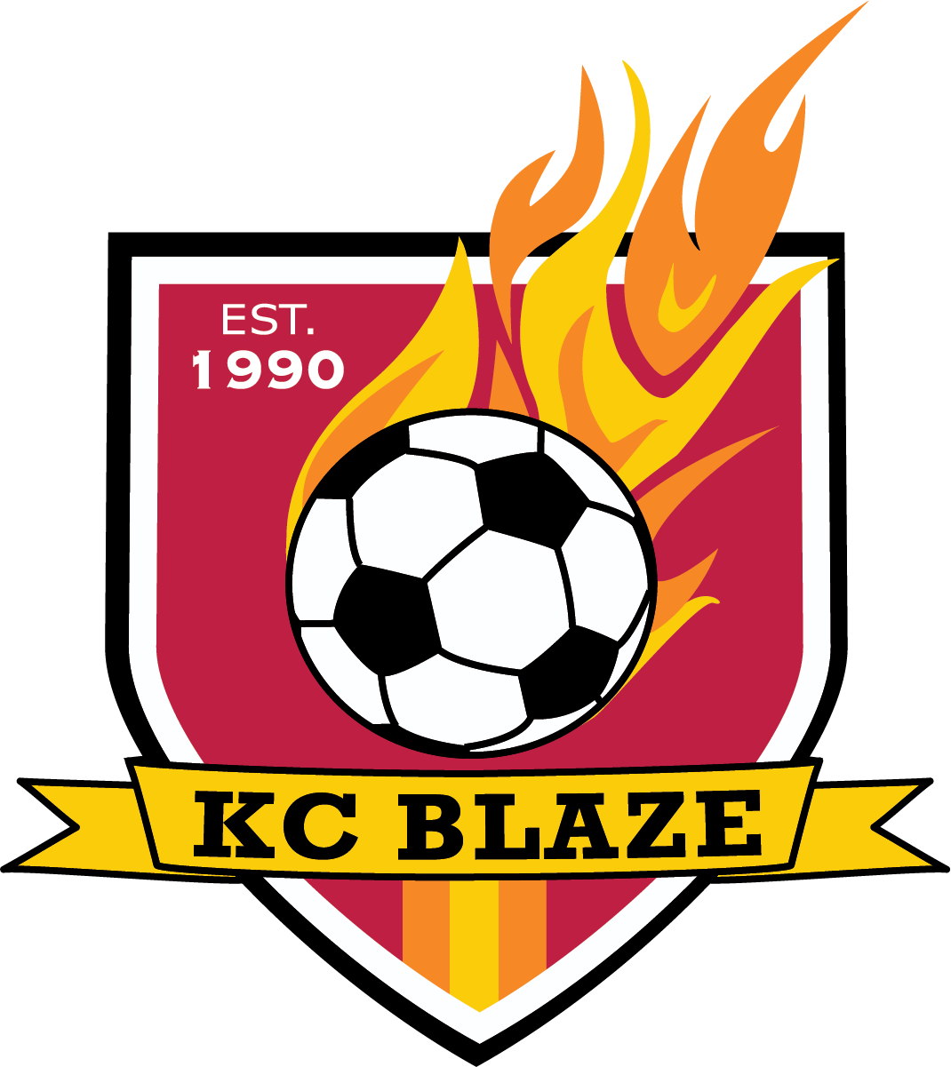 A soccer team logo for "KC Blaze" featuring a red shield-shaped crest with a white and black border. In the center is a black and white soccer ball with stylized yellow and orange flames erupting from behind it. A yellow banner across the bottom contains the text "KC BLAZE" in black block letters. The top left corner of the shield includes the text "EST. 1990" in white.