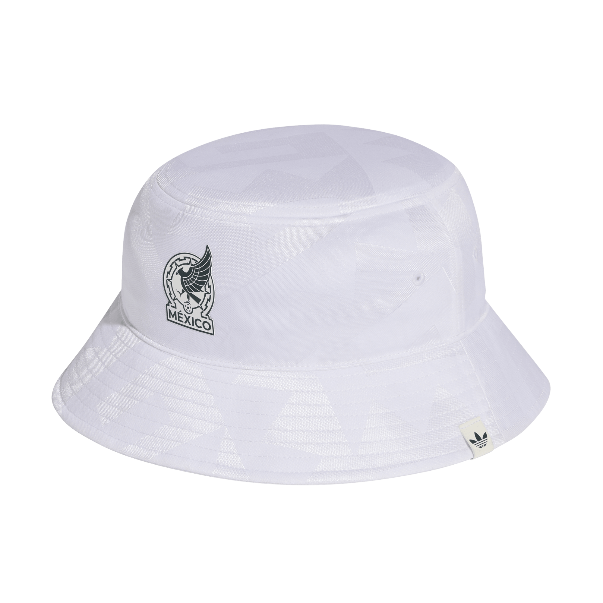 White bucket hat with a subtle tonal pattern, featuring the Mexico national football team logo and a small Adidas tag on the brim. Black background.