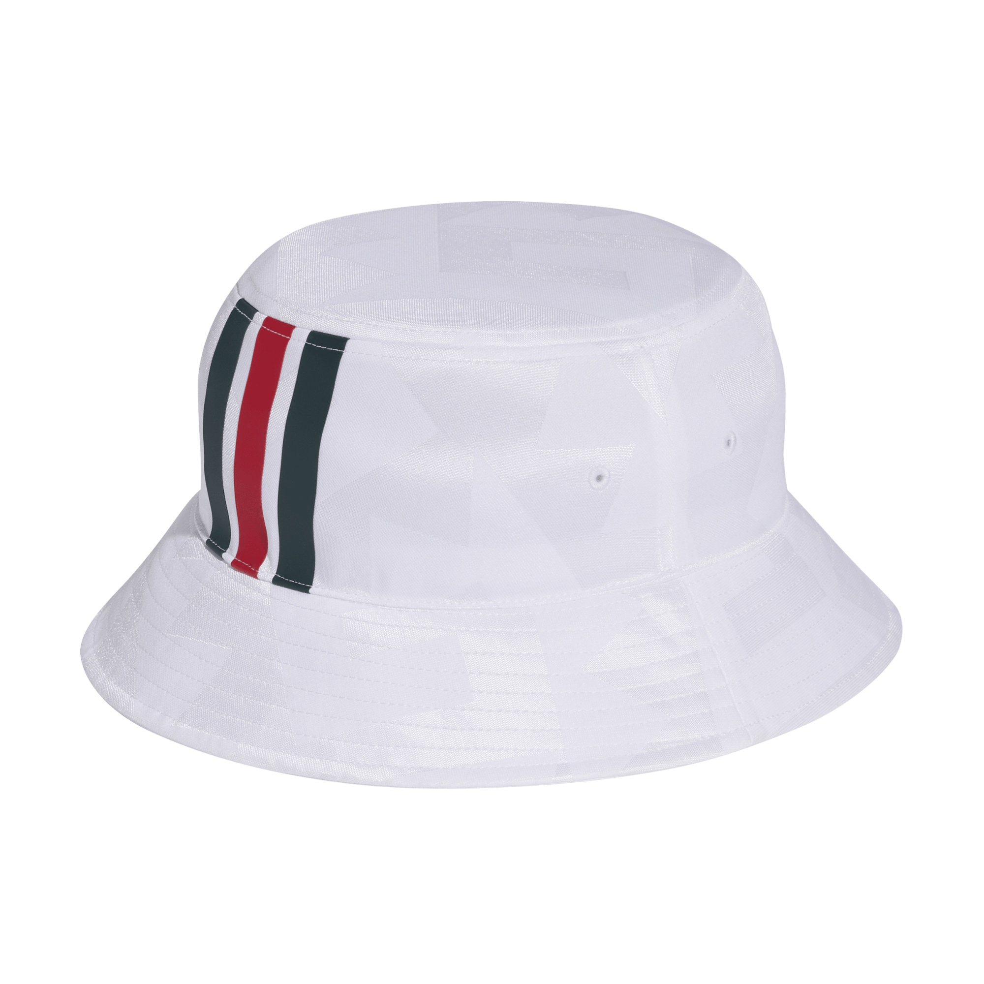 A white bucket hat featuring a subtle tonal pattern and green and red vertical stripes on the side.