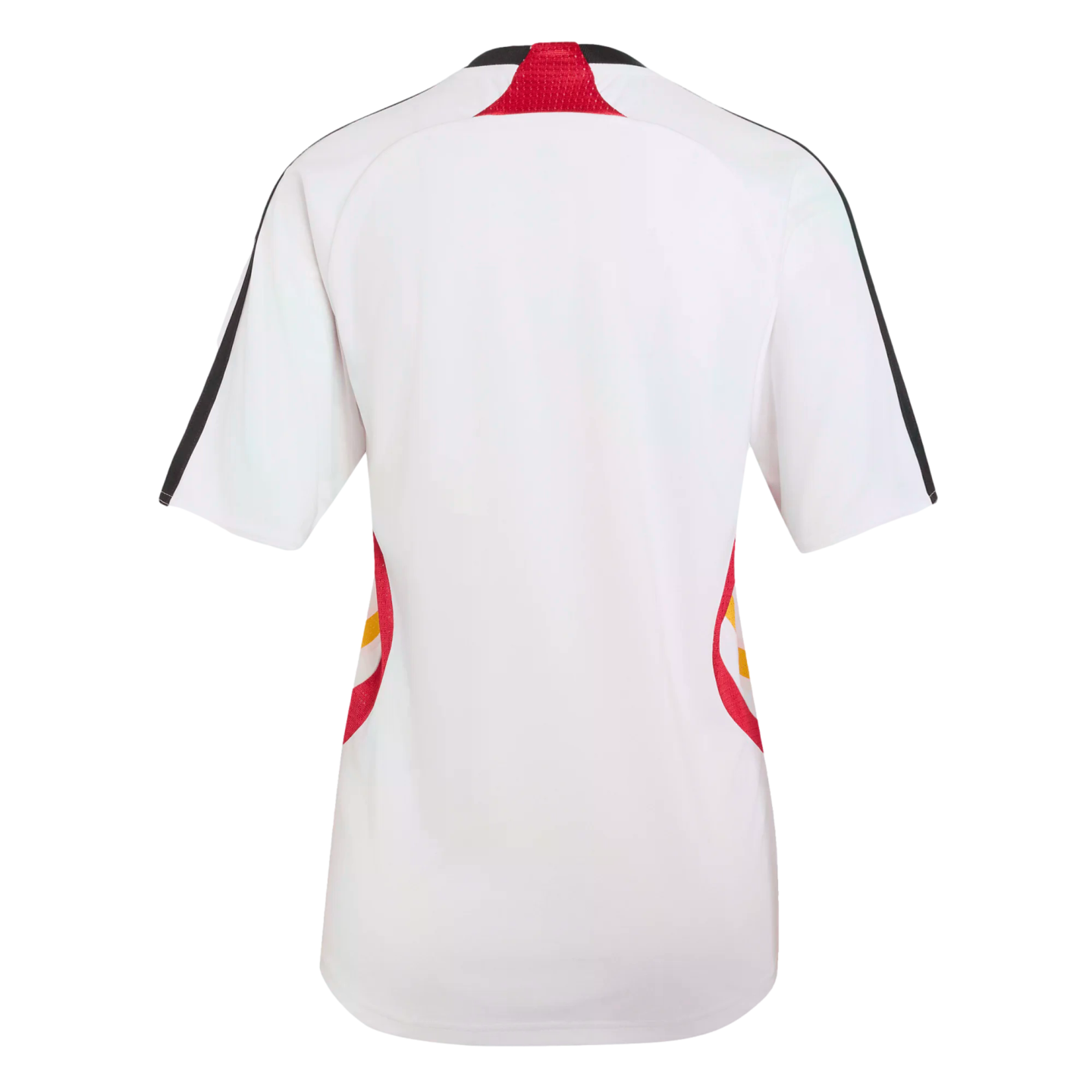 Back view of a white short-sleeved athletic jersey with black sleeve stripes and red and yellow accents on the neck and sides.
