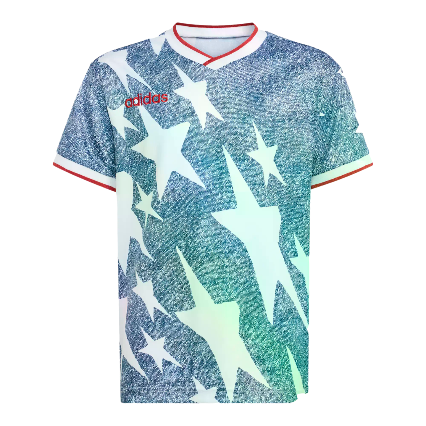 Adidas short-sleeve shirt with a teal heathered background and large white stars. Features a red logo and white v-neck collar and sleeve cuffs with red trim.
