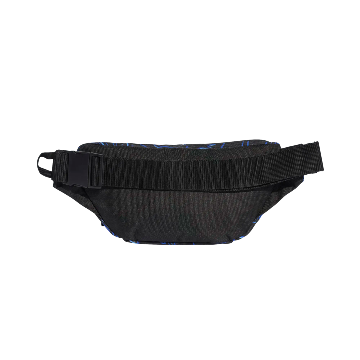 Rear view of a black waist bag with a thick adjustable strap and plastic buckle. A blue graphic pattern is visible along the top edge.