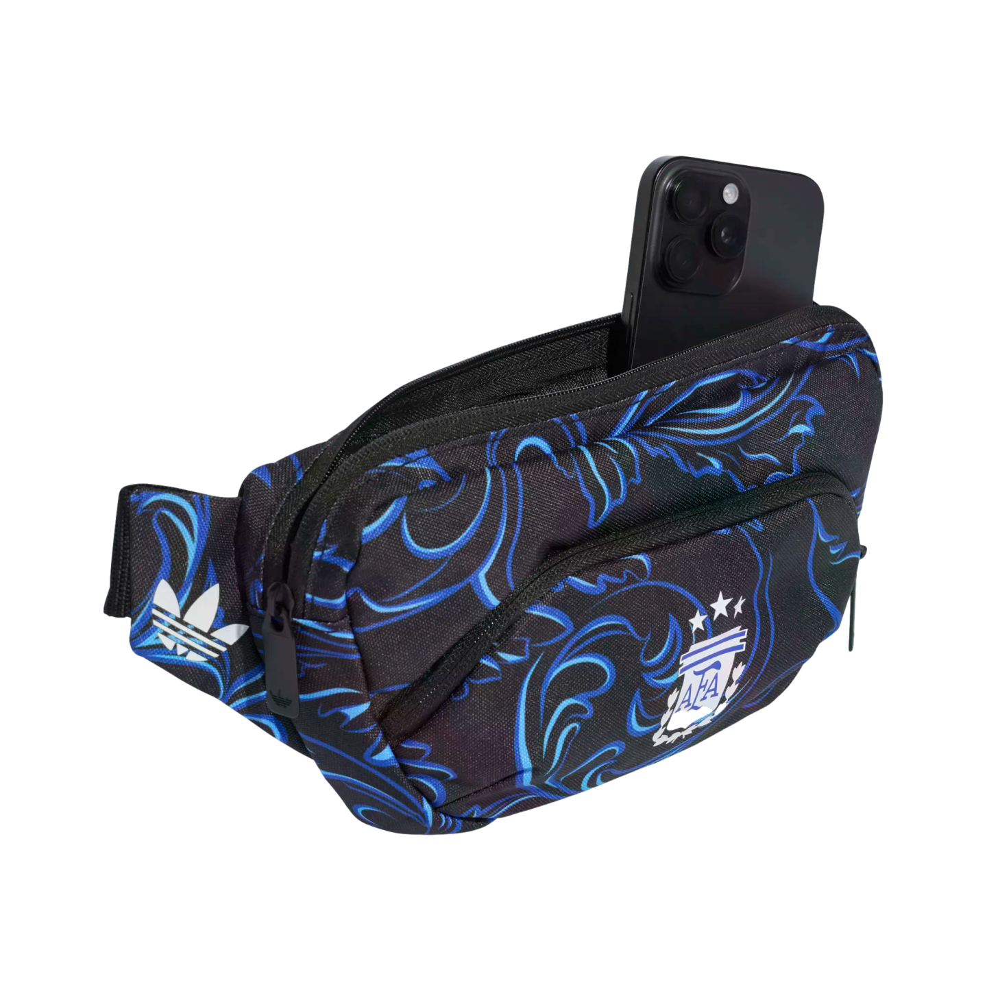A black waist bag with blue swirl patterns, featuring white Adidas and AFA logos. A black smartphone is tucked into the open top pocket.