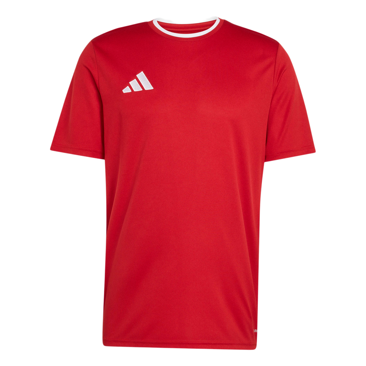 A red short-sleeve athletic shirt with a white crew neck and a white Adidas logo on the left chest.