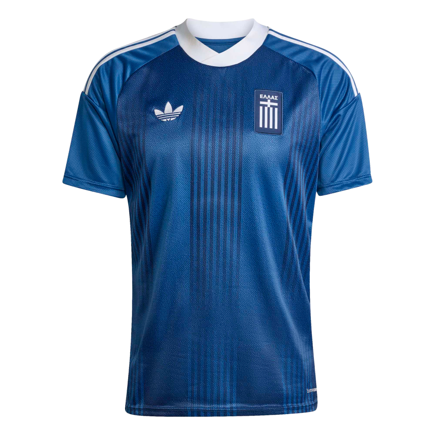 Blue Adidas Greece national soccer jersey with a white collar, trefoil logo, and crest. Features subtle vertical tonal stripes and white shoulder stripes.