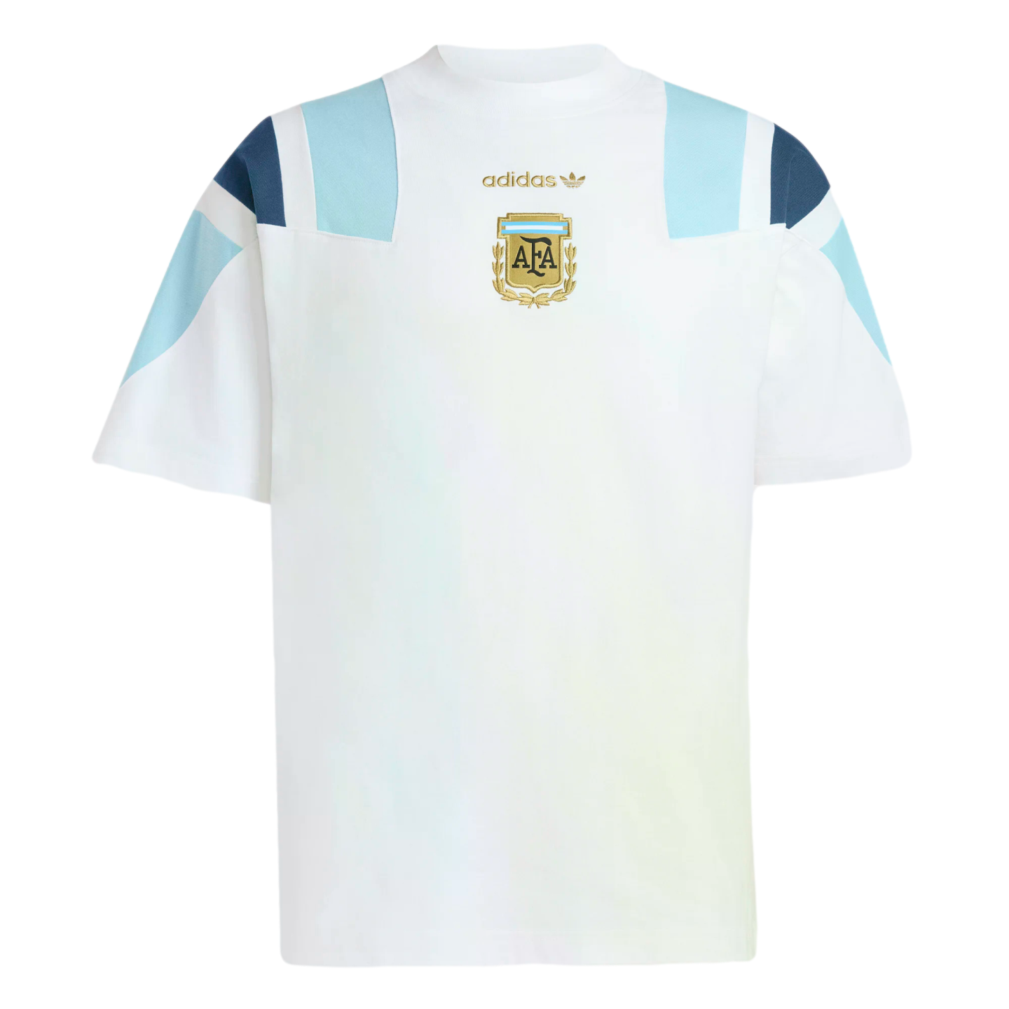 White Adidas t-shirt featuring the Argentina football crest and gold logo, with light blue and navy blue geometric panels on the shoulders and sleeves.