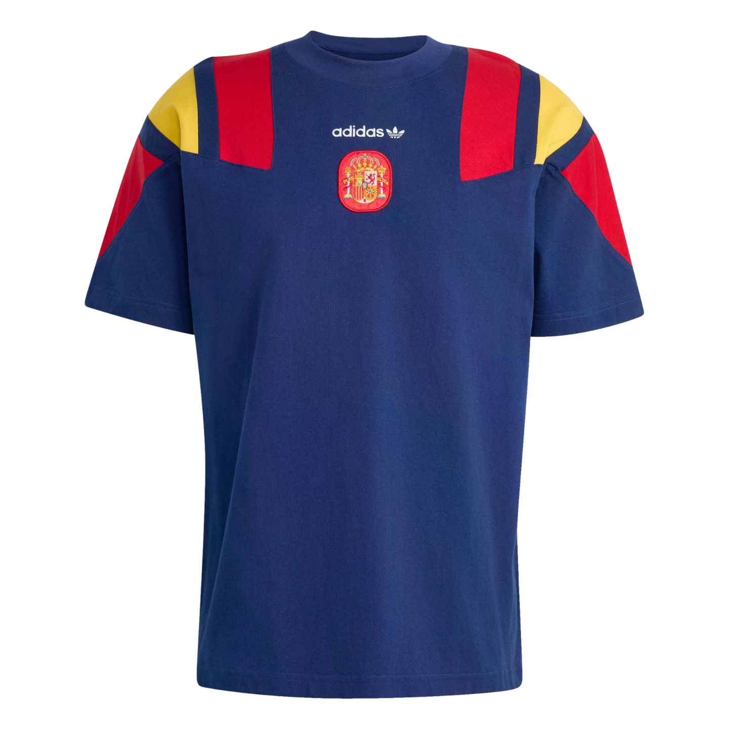 Navy blue Adidas Spain t-shirt with red and yellow color-blocked shoulders. It features a centered white Adidas logo and the Spanish national team crest.