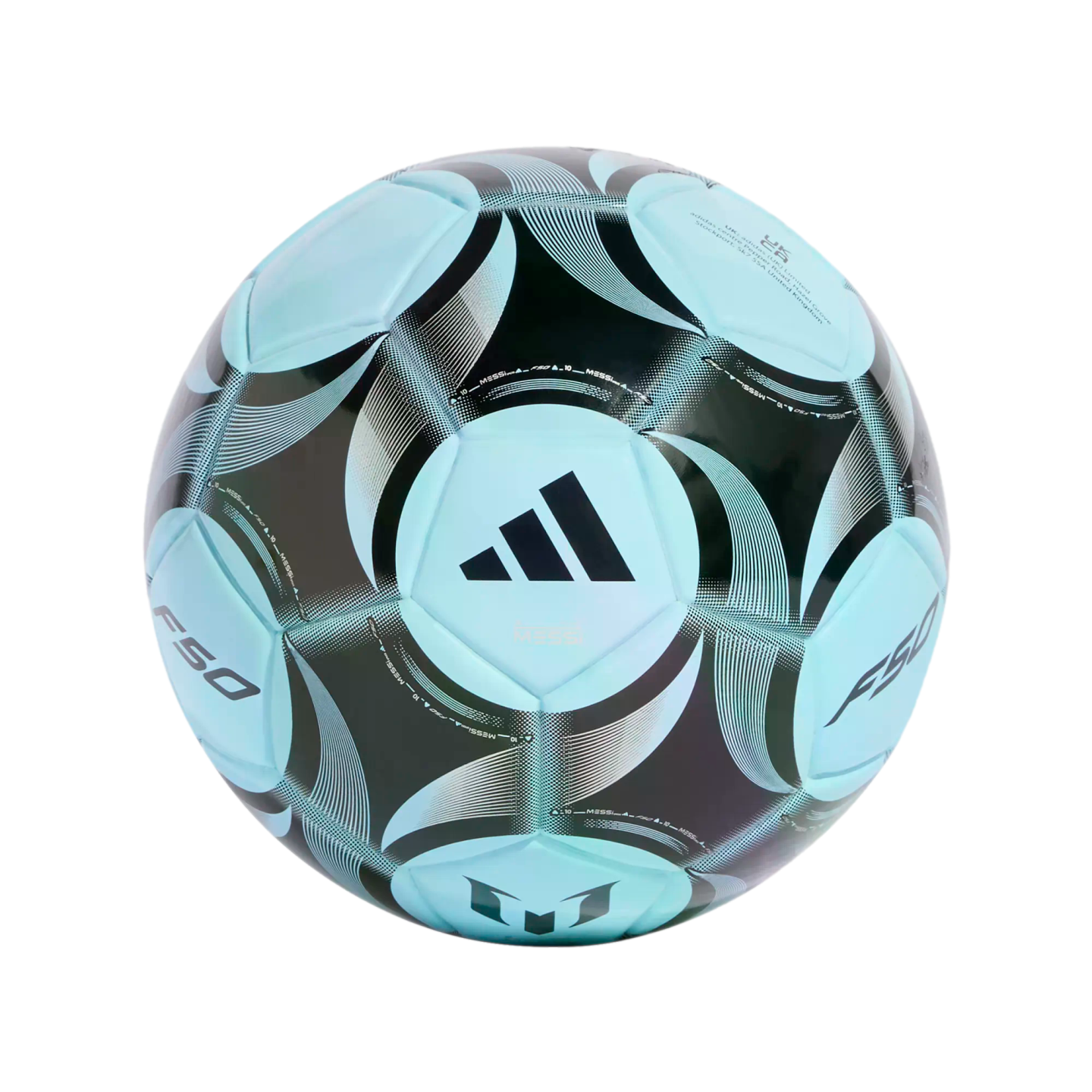 Light blue and black Adidas Messi F50 soccer ball featuring a modern geometric pattern, the Adidas three-stripes logo, and Messi branding.