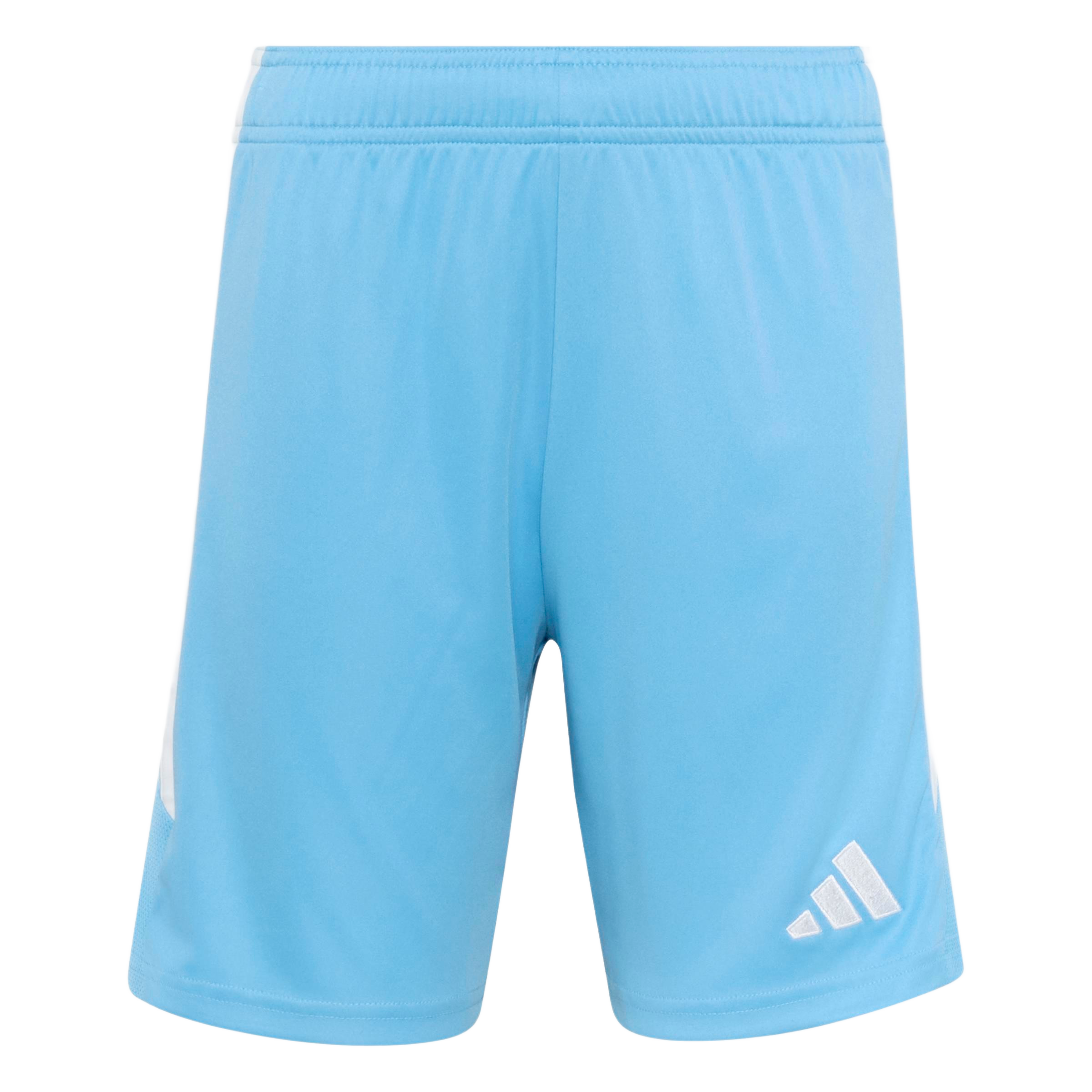 Light blue Adidas athletic shorts featuring white side stripes and a white logo on the lower right leg.