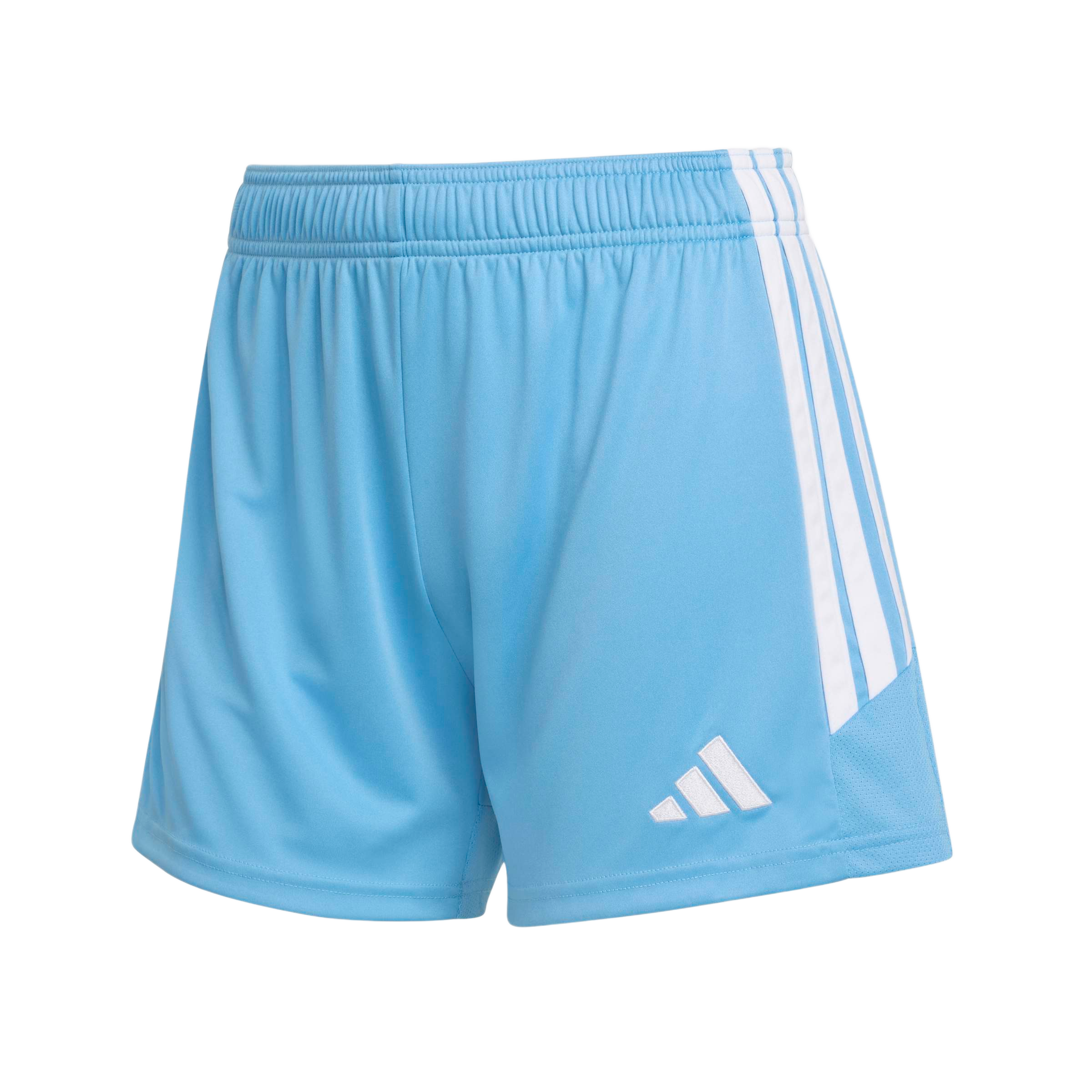 Light blue Adidas athletic shorts featuring three white stripes down the side and a white logo on the front.