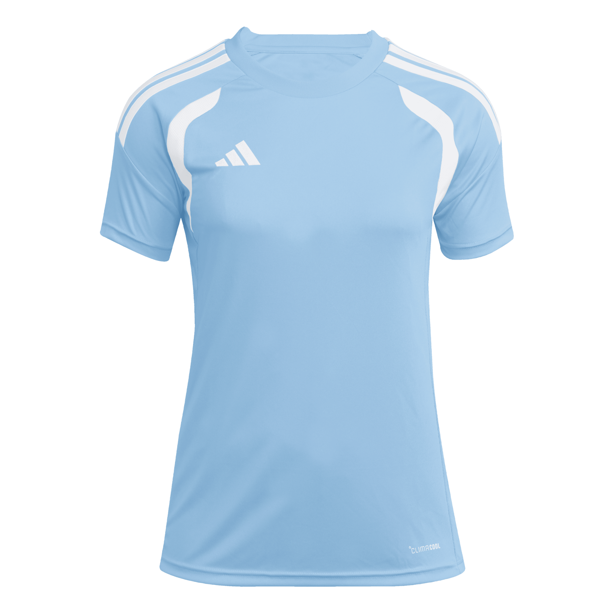 A light blue Adidas short-sleeved athletic t-shirt featuring white stripes on the shoulders and a white brand logo on the chest.