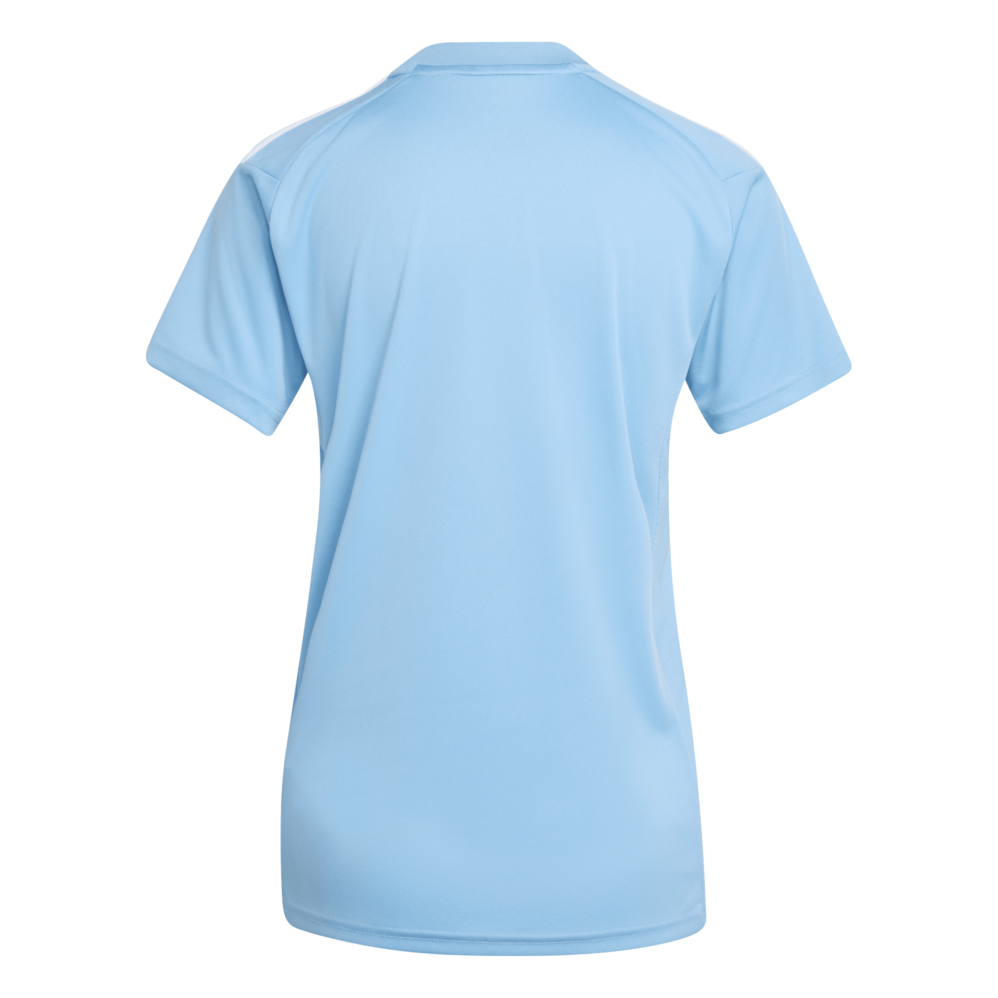The back of a light blue short-sleeved athletic shirt against a solid black background.