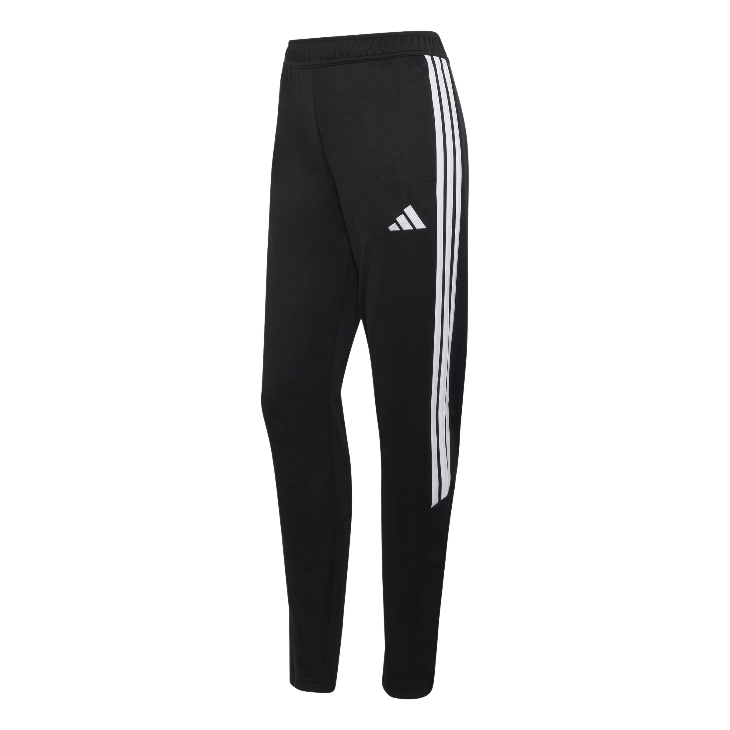 A pair of black Adidas sweatpants featuring three white stripes along the side and a white Adidas logo on the thigh.