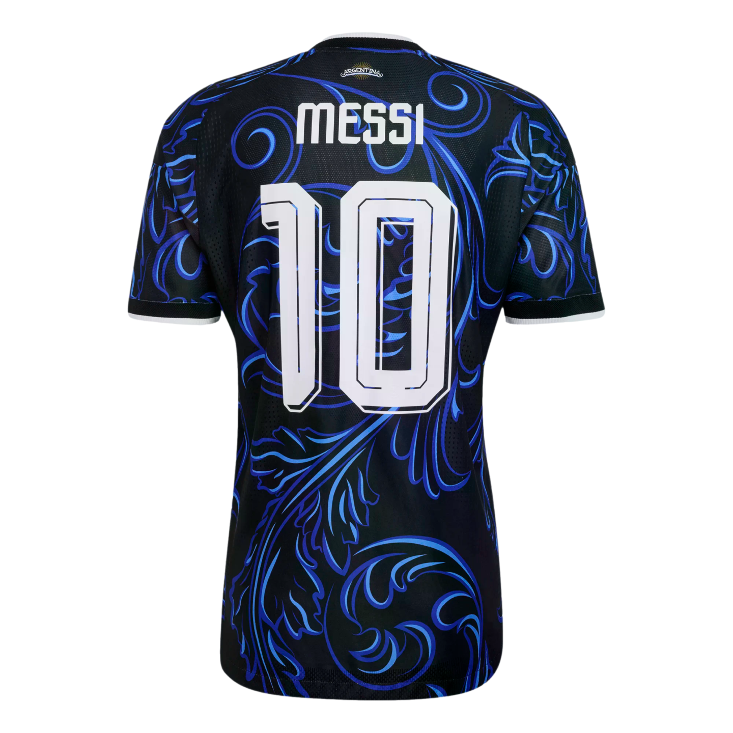 Back of a black Argentina soccer jersey featuring white "MESSI 10" text and an ornate blue floral swirl pattern.