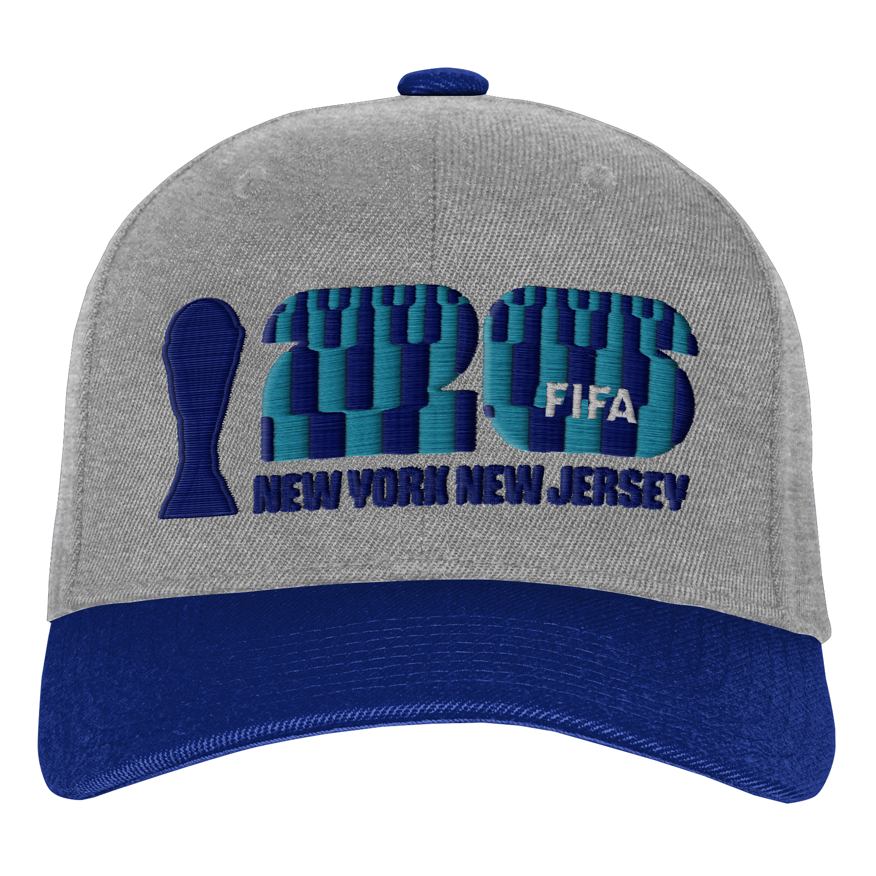 A grey baseball cap with a dark blue brim. The front features an embroidered design for the 2026 FIFA World Cup, including a dark blue trophy silhouette, large teal and blue patterned numbers "26" with "FIFA" in white, and "NEW YORK NEW JERSEY" in blue lettering below.