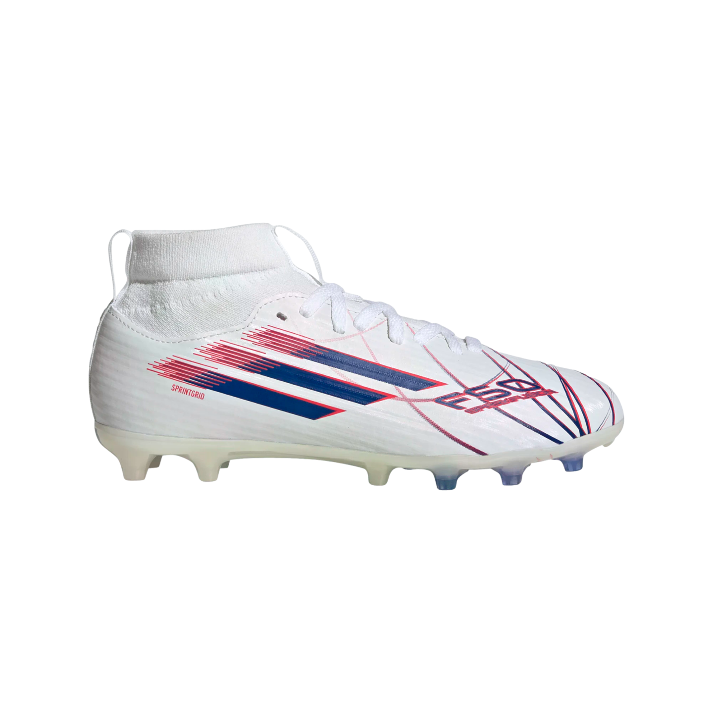 Side view of a white high-top soccer cleat with pink and blue diagonal stripes and "F50" branding, set against a black background.