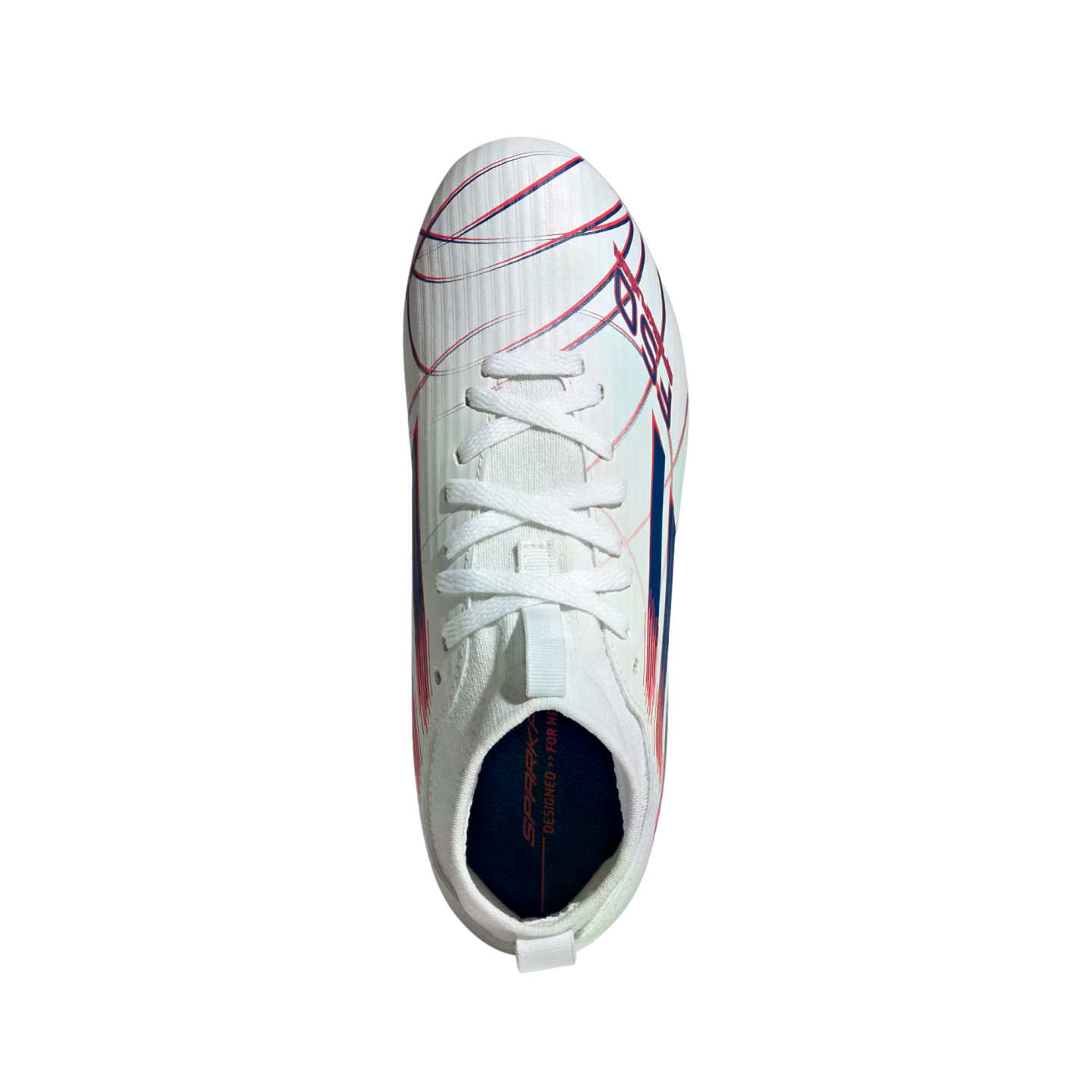 Top-down view of a white soccer cleat with red and blue graphic line designs and white laces, set against a solid black background.