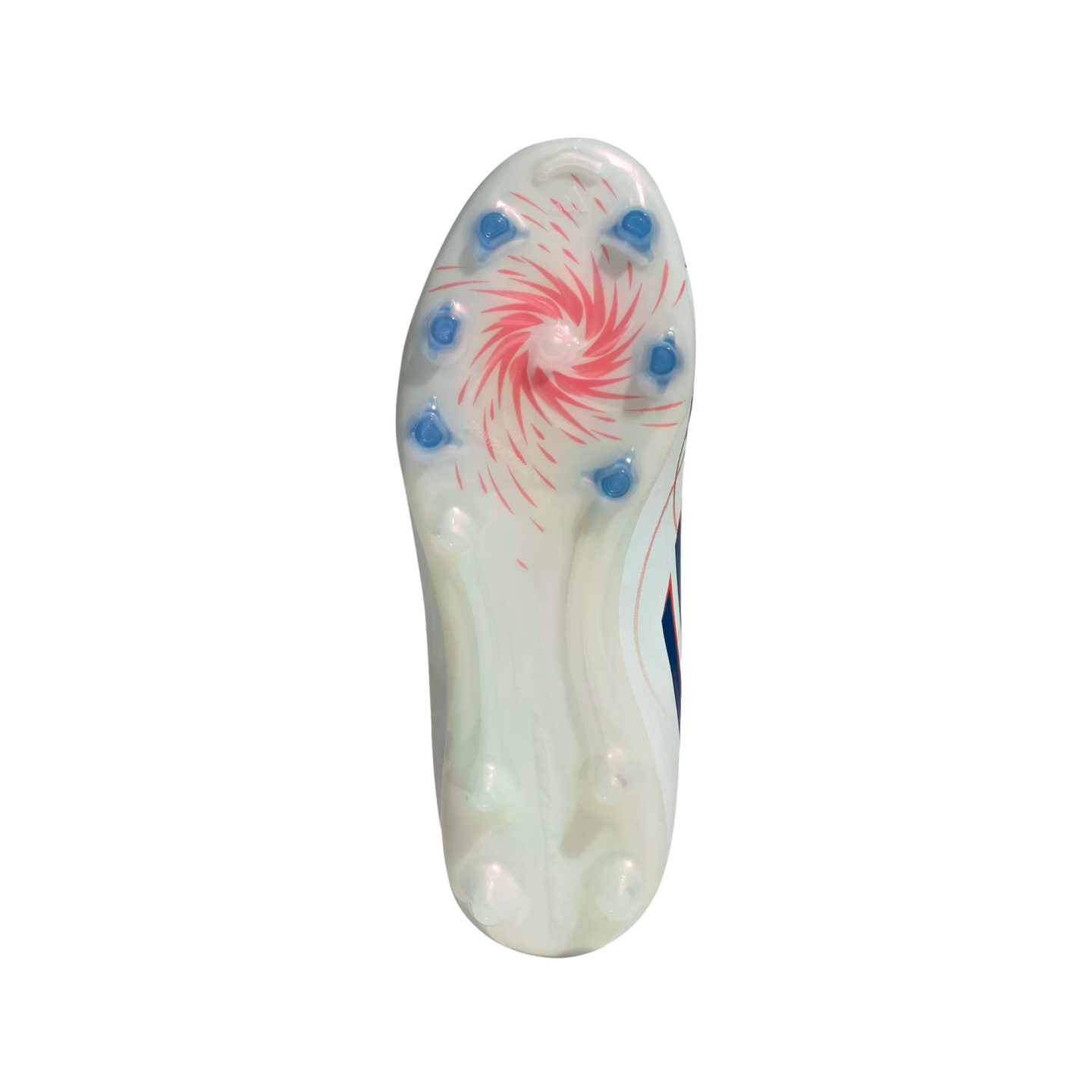 Underside view of a white soccer cleat featuring a pink spiral graphic and blue studs, isolated on a black background.