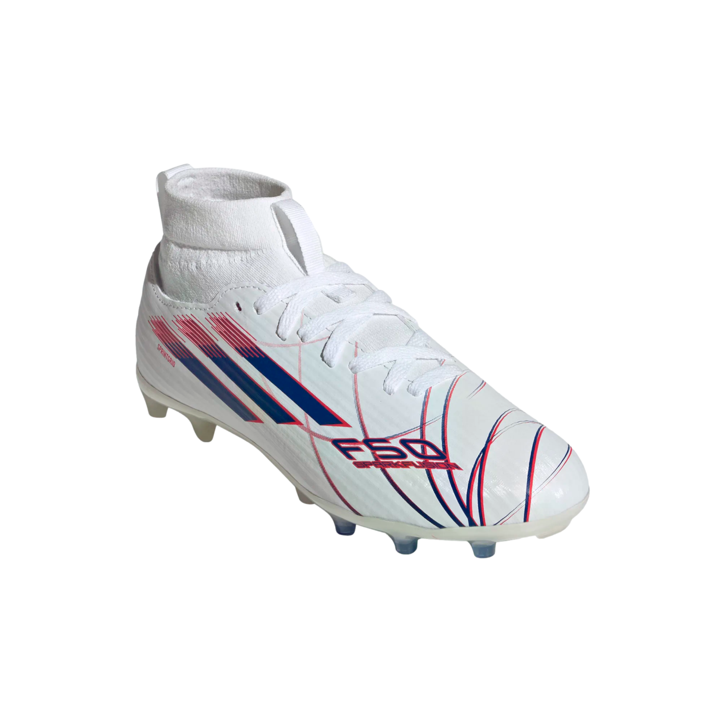 A white Adidas F50 Sparkfusion football boot with red and blue graphic accents, white laces, and a white knit ankle collar, isolated on a black background.