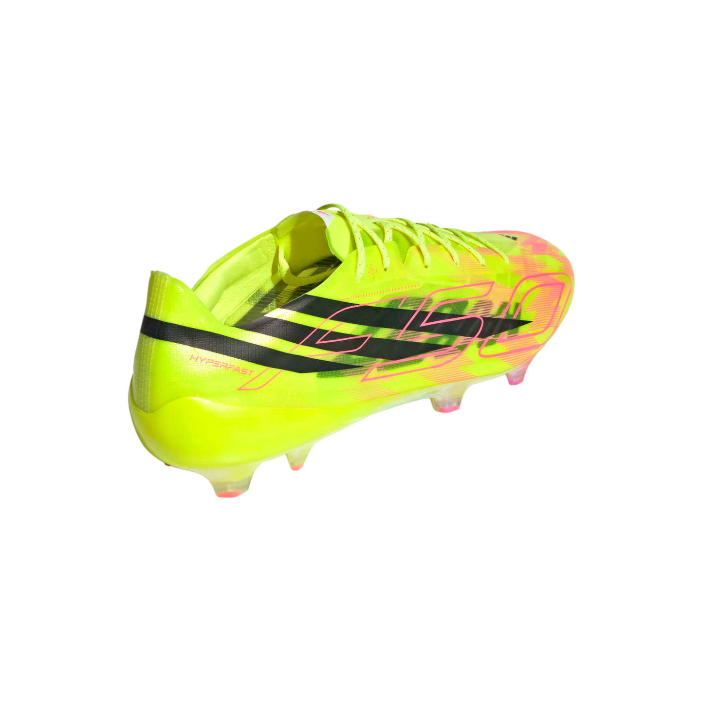 Neon yellow Adidas F50 soccer cleat with black stripes and pink accents, shown from a rear side angle against a solid black background.