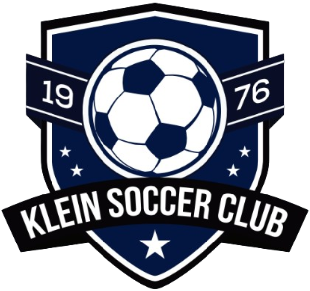 Navy blue and white shield logo for Klein Soccer Club with a soccer ball, stars, and the year 1976 split across side ribbons.