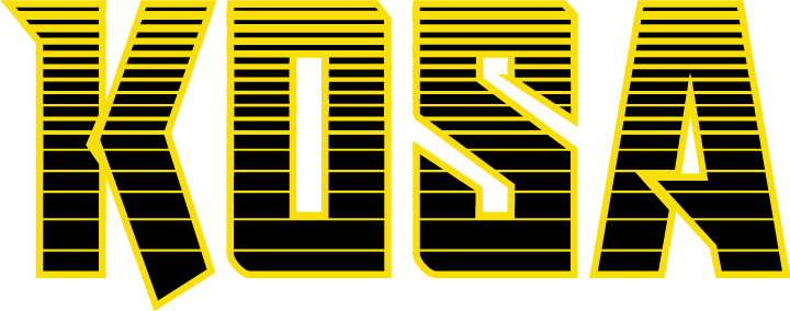The word "KOSA" in a stylized, blocky yellow font with horizontal stripes inside each letter, set against a black background.