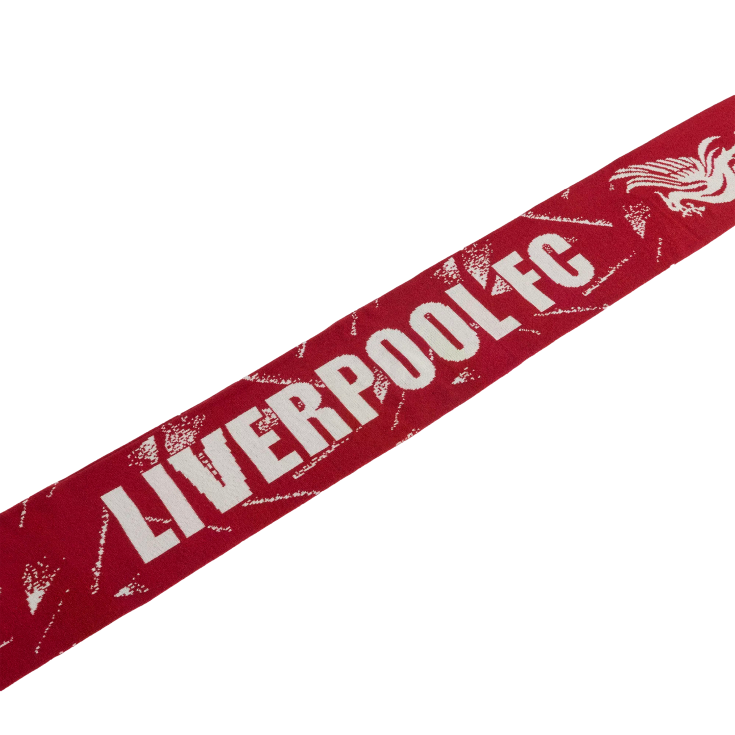 Red Liverpool FC scarf with "LIVERPOOL FC" in white text and a liver bird logo, set diagonally against a plain white background.