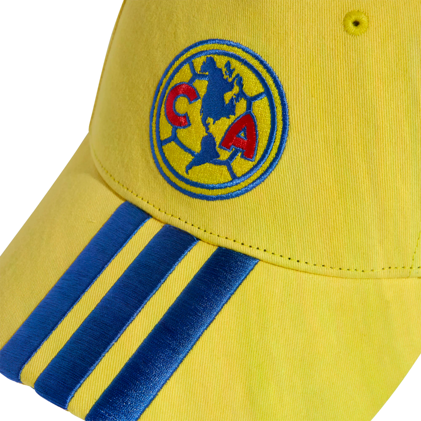 Yellow baseball cap featuring an embroidered Club América logo on the crown and three blue stripes on the brim.