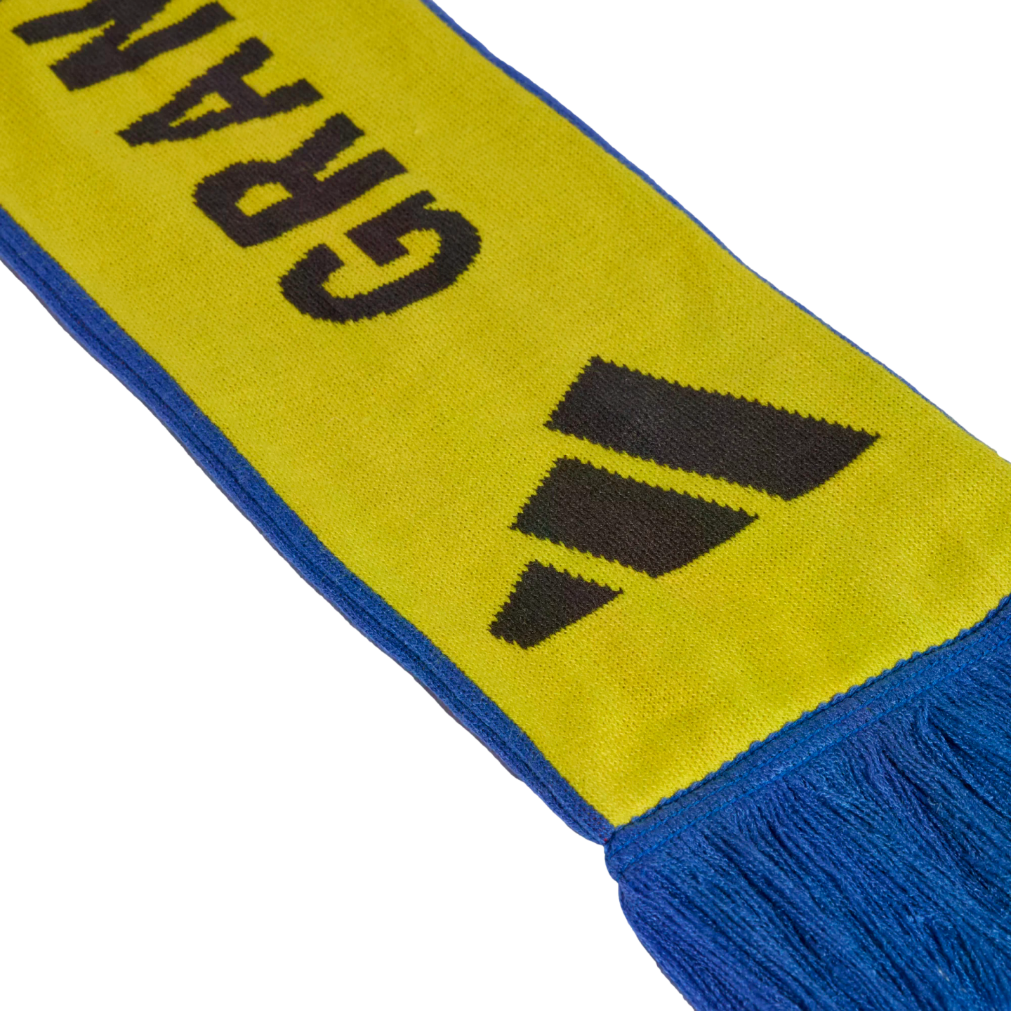 A yellow and blue knitted scarf with a black Adidas logo and partial black text reading "GRAN".