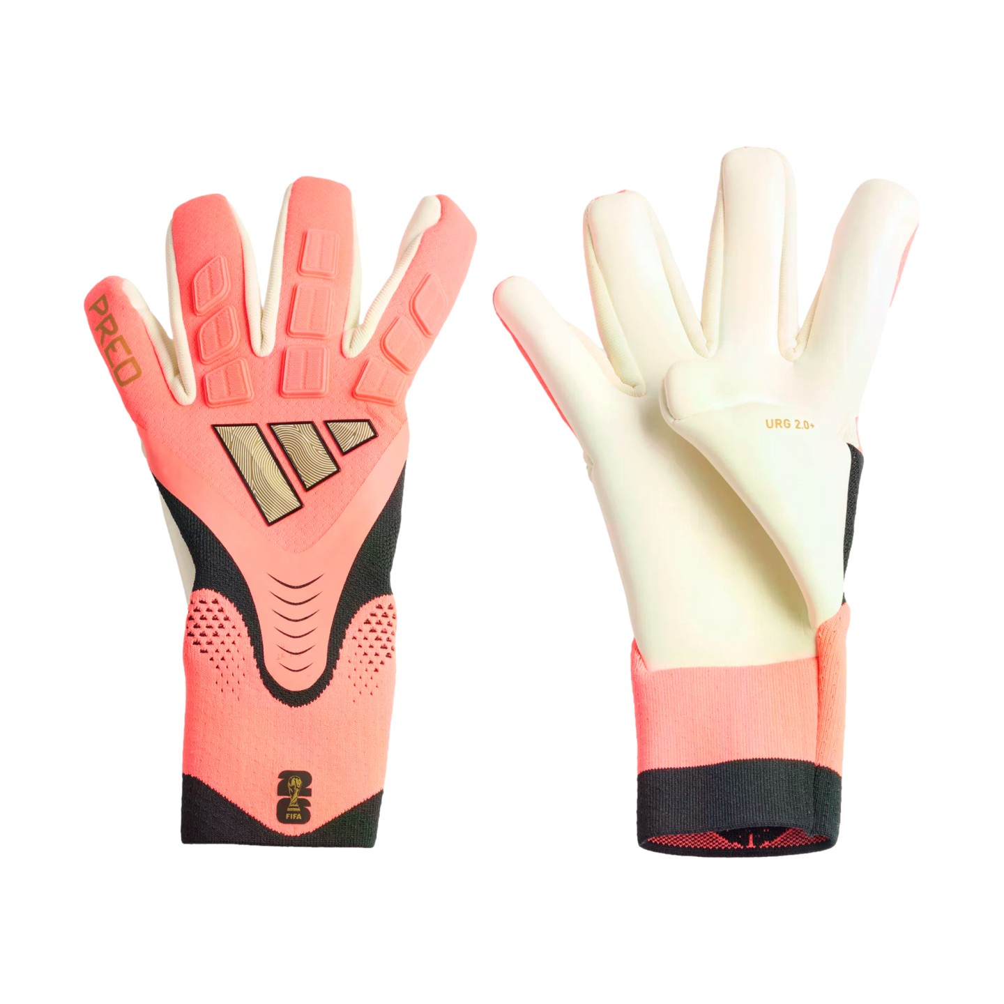 Pair of pink and black Adidas Predator goalkeeper gloves showing both the textured backhand with gold logos and the white latex palm.