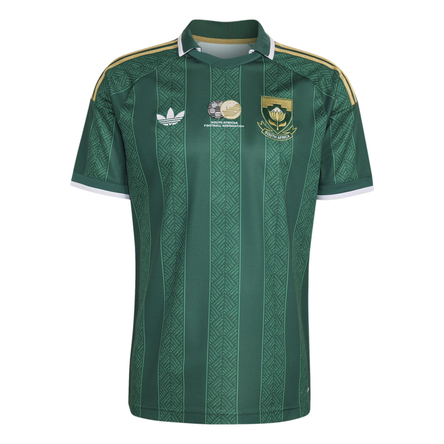 Green Adidas South Africa soccer jersey with vertical zig-zag stripes, gold shoulder stripes, white collar trim, and official team logos on the chest.