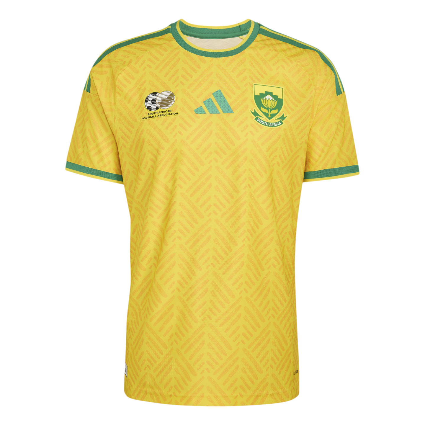 A yellow South African national soccer jersey with green trim, featuring the team crest, Adidas logo, and SAFA emblem on a textured chevron pattern.