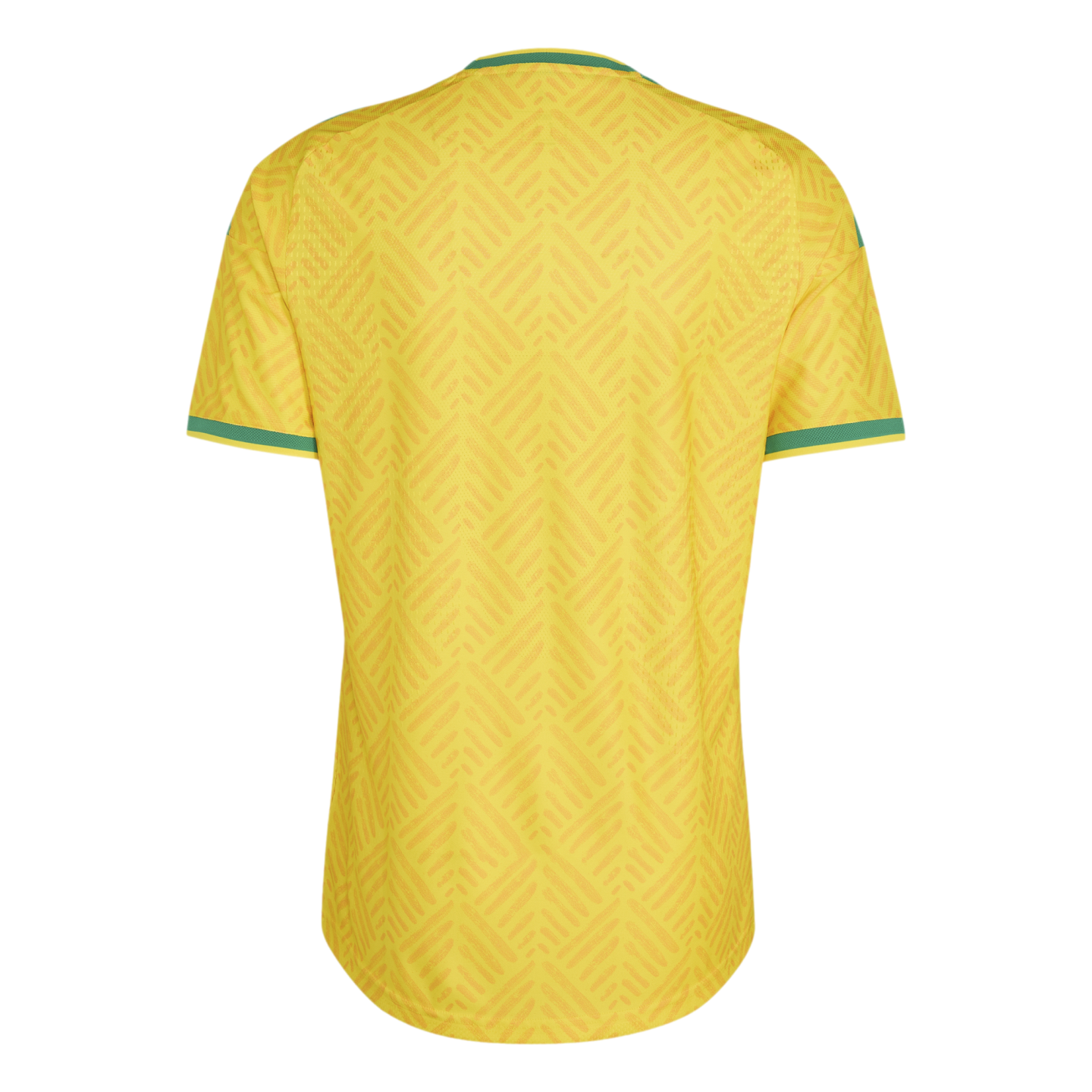 Back view of a yellow soccer jersey with green trim on the collar and sleeves, featuring a subtle, repeating tonal zig-zag pattern.