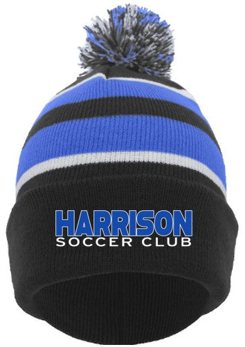 Black knit beanie with blue and white stripes and a matching pom-pom. The front features the text "HARRISON SOCCER CLUB" in blue and white lettering.