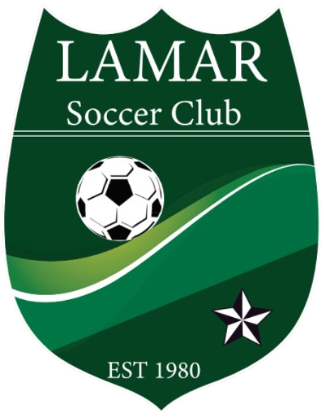 Green shield logo for Lamar Soccer Club featuring a soccer ball, a wavy green gradient band, a small star, and the text "EST 1980" at the bottom.
