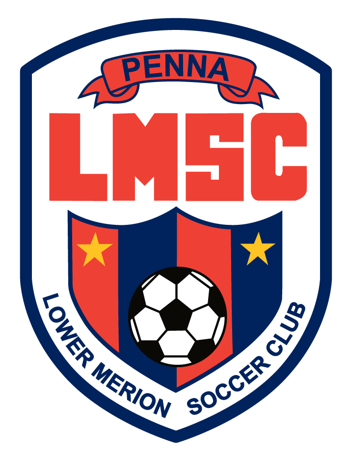 Shield-shaped logo for Lower Merion Soccer Club (LMSC) from Pennsylvania. Features red, white, and navy blue colors, a soccer ball, yellow stars, and the text PENNA and LMSC.