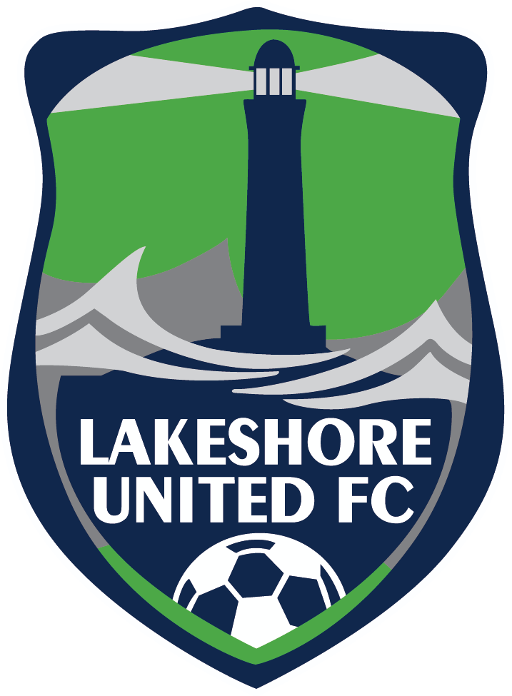 Lakeshore United FC shield logo featuring a lighthouse, waves, and a soccer ball in navy, green, and white.