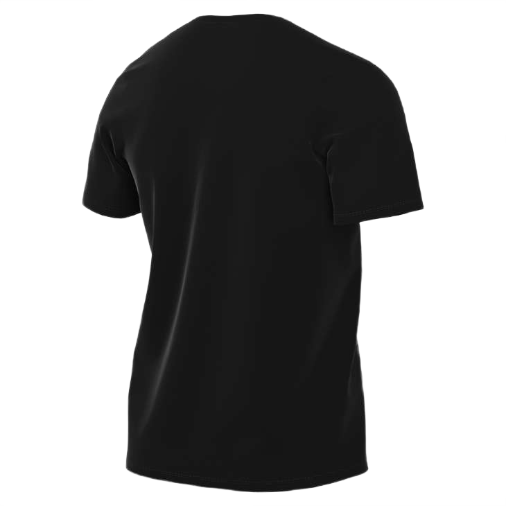 A back view of a solid black, short-sleeved crew neck t-shirt against a light gray background.