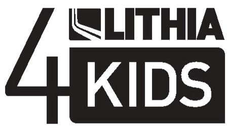 Logo for "4 LITHIA KIDS" featuring a large numeral 4 next to the word "LITHIA" and a black box containing the word "KIDS" in white, textured lettering.