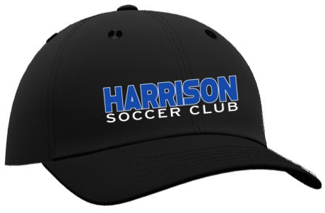 Black baseball cap featuring "HARRISON" in large blue text with a white outline, with "SOCCER CLUB" in smaller white text printed below it on the front.