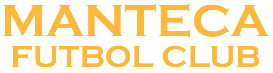 Gold logo for Manteca Futbol Club in a bold, capitalized serif font across two lines.