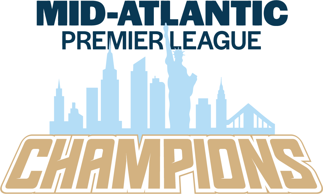 A logo for the Mid-Atlantic Premier League Champions featuring a light blue city skyline silhouette with the Statue of Liberty and large gold block text.