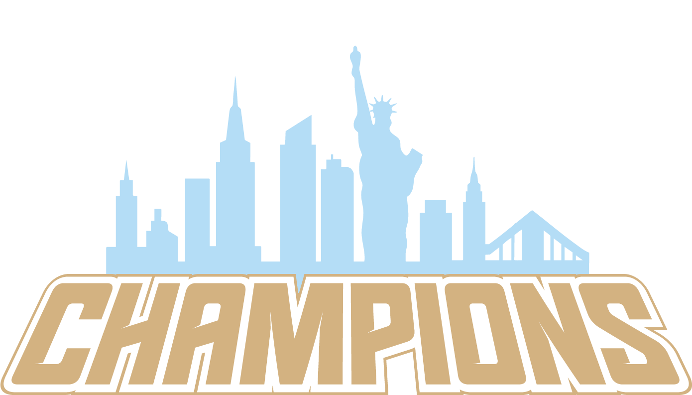 Graphic featuring a light blue New York City skyline silhouette, including the Statue of Liberty, above the word "CHAMPIONS" in bold, gold block letters with a white outline.